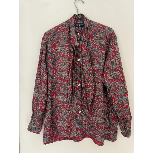 Ralph Lauren Paisley Tie Neck Blouse Red Vintage Silk Feel Top Size 6 - Picture 3 of 7